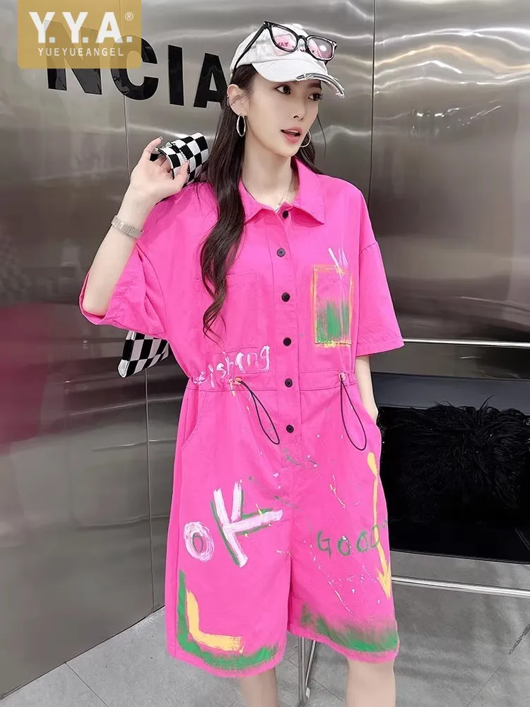 Casual Loose Oversize Women Denim Playsuits Streetwear Single Breasted Printed Cargo Work Overalls Fashion Knee Length Rompers