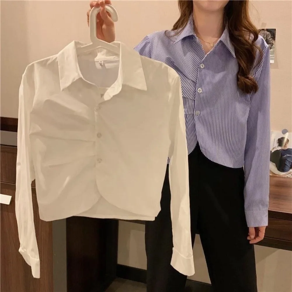 

Short Ruffle Long Sleeve Shirt Korean Style Ruffle Women Stripes Blouse Streetwear Stripes Long Sleeve Tops Girls Gift