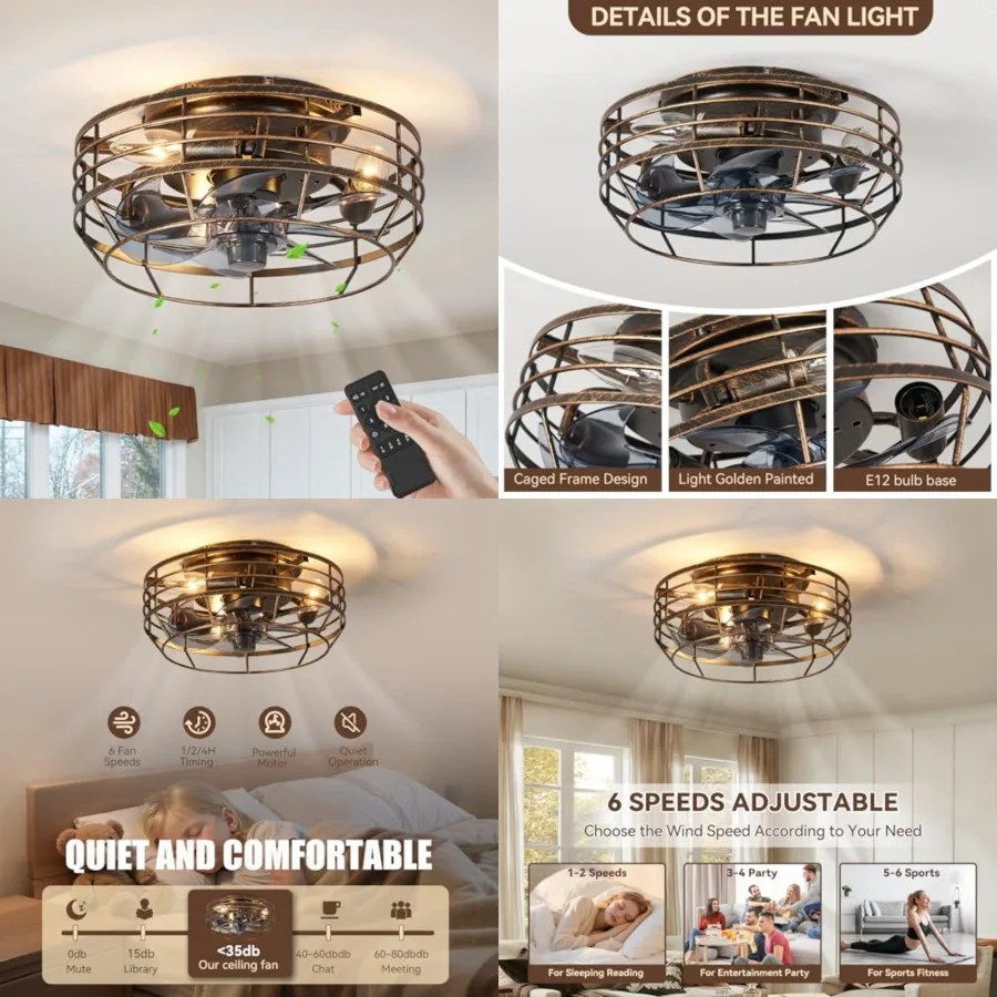 

Farmhouse Caged Ceiling Fan with Light, Remote Control Flush Mount Fan Lights Ceiling Fixtures 12 In, 6 Speeds Bladeless Quiet