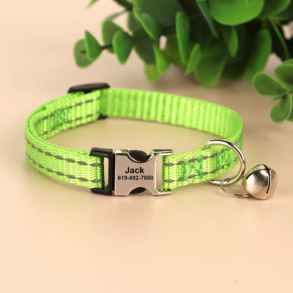 Personalized Cat Collar Reflective Nylon Dog Cats ID Collars With Bell Free Engraving for Cats Small Dogs Chihuahua 10 Colors