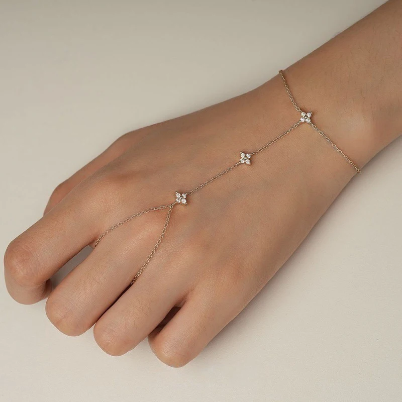 Lnkry 2.5mm Certified Moissanite Ring Bracelet 14k Gold Filled Four Leaf Flower Bracelet With Ring Hand Chain Stackable Jewelry view 4