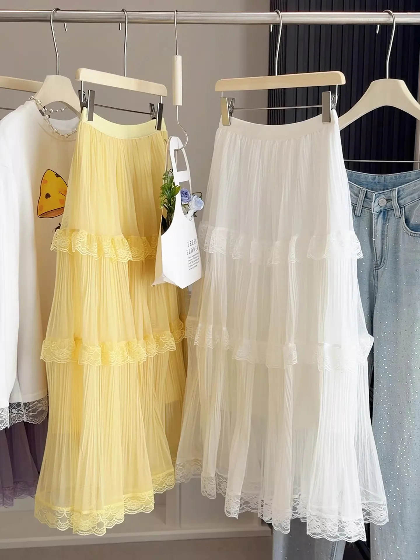 Retro Süßer Weißer Langer Rock für Damen, Lässiger Lockerer Rock mit Hoher Taille, Eleganter Vintage-Rock mit Spitzenbesatz, Koreanischer Sommer-Langrock – Detail 15