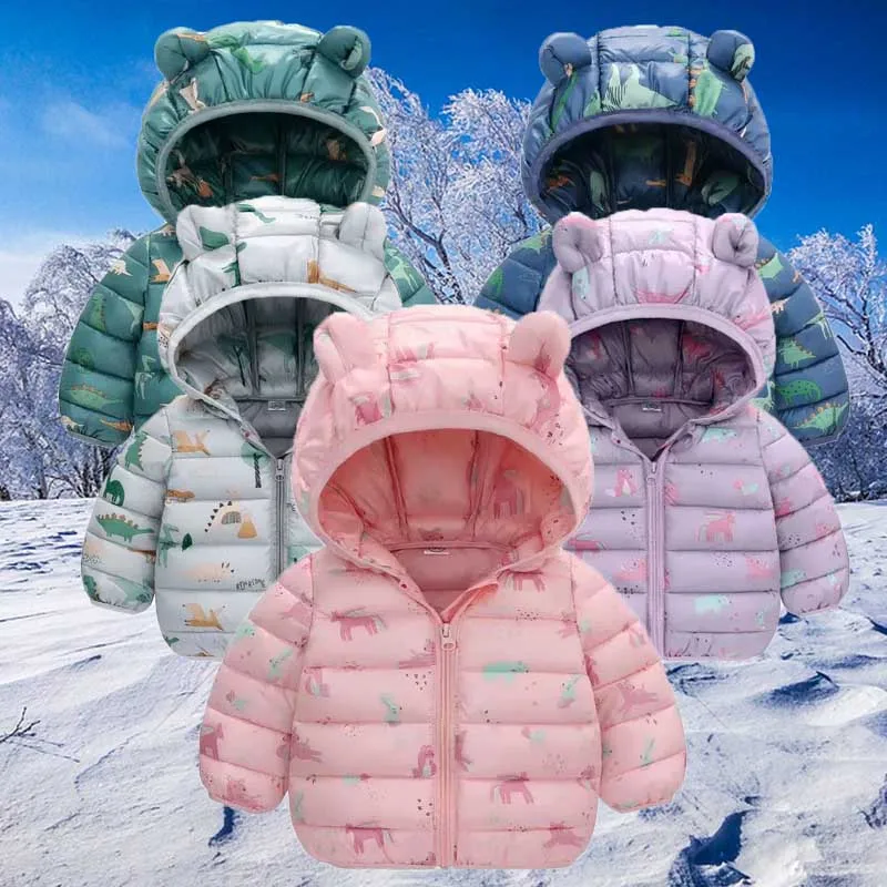 Kids Winter Down Coats Children Cute Cartoon Print Hooded Outerwear Girls Daily Warm Jacket Boys Casual Thick Thermal Coats