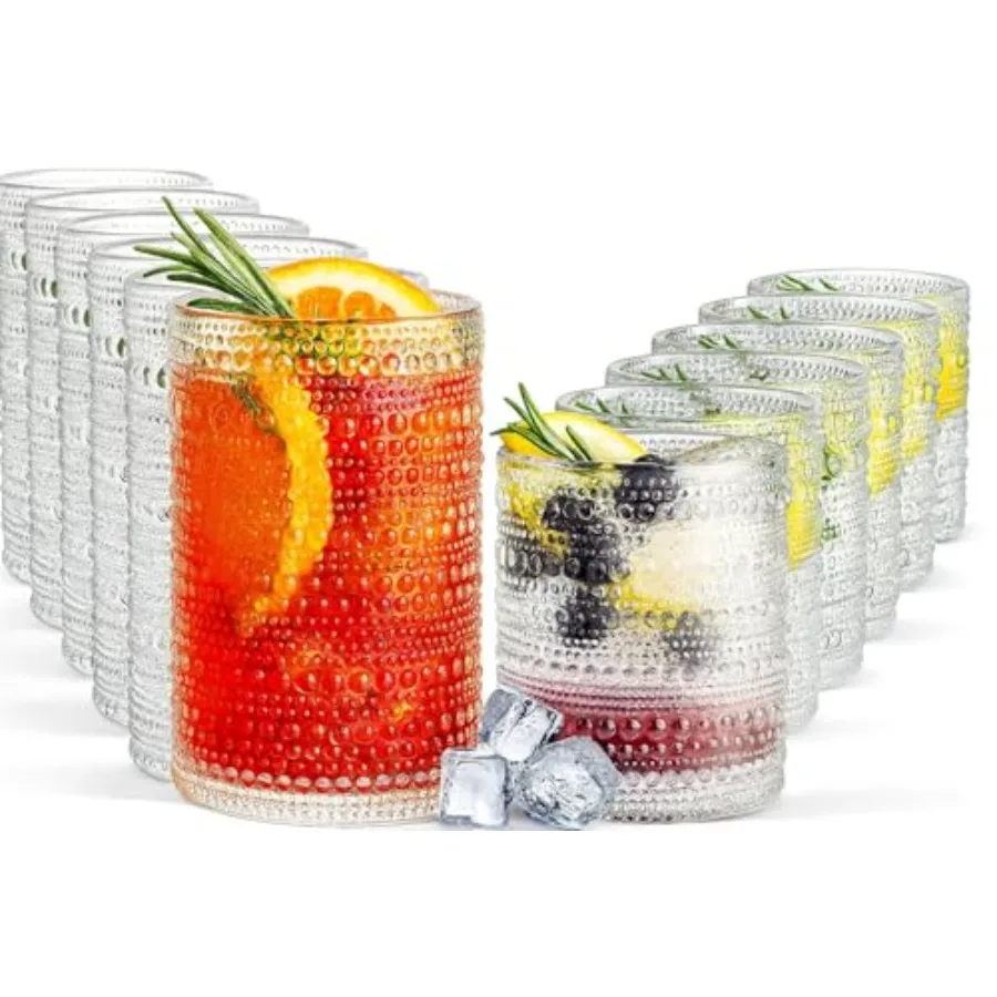 

Vintage Hobnail Drinking Glasses, 13oz Highball Glasses and 10 oz Lowball Tumblers, Kitchen Water Glasses Cup, Bar Water, Juice