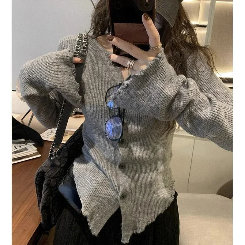 2024 Y2k Grey Vintage Women Kint Sweater Harajuku Long Sleeve Cardigan Irregular Korean Fashion Slim Autumn Jerseys Casual