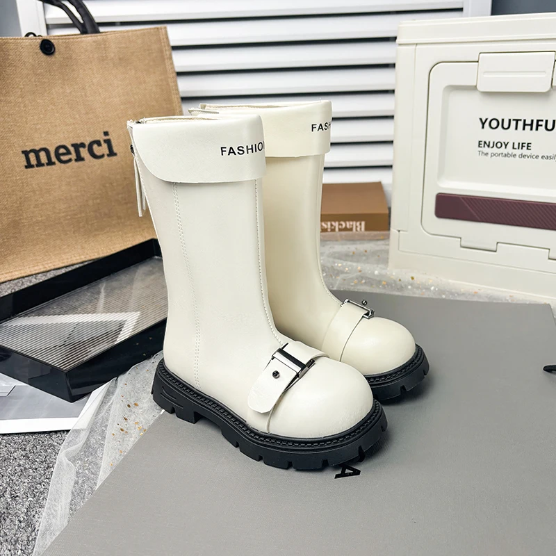 Little Girls Chunky Mid-calf Boots 2026 New Autumn Winter Kid British Style Leather Boots with Buckle Non-slip Kids Riding Boots