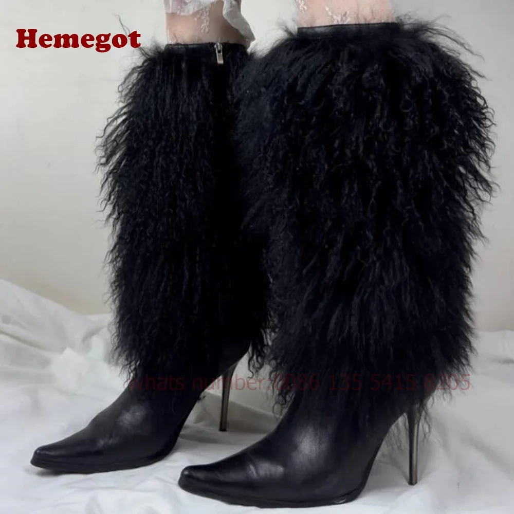 Fluffy Fur Boots Stiletto Mid-Calf Women's Boots Thin High Heels Black Leather Pointy Toe Solid Warm Shoes Plush Winter Sexy