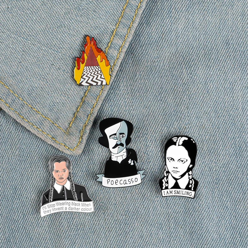 Movie Role Enamel Pin Brooch Writer Edgar Allan Poe Wednesday Fry Badges Clothes Lapel pin cap bag Creative Fun Jewelry