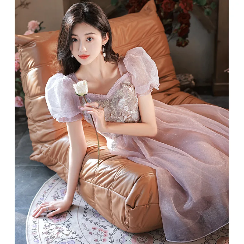 

French Style Women's Bridesmaid Gown Frilly Collar Puff Sleeve Tulle Applique Knee Length Party Dresses Elegant Female Vestidos