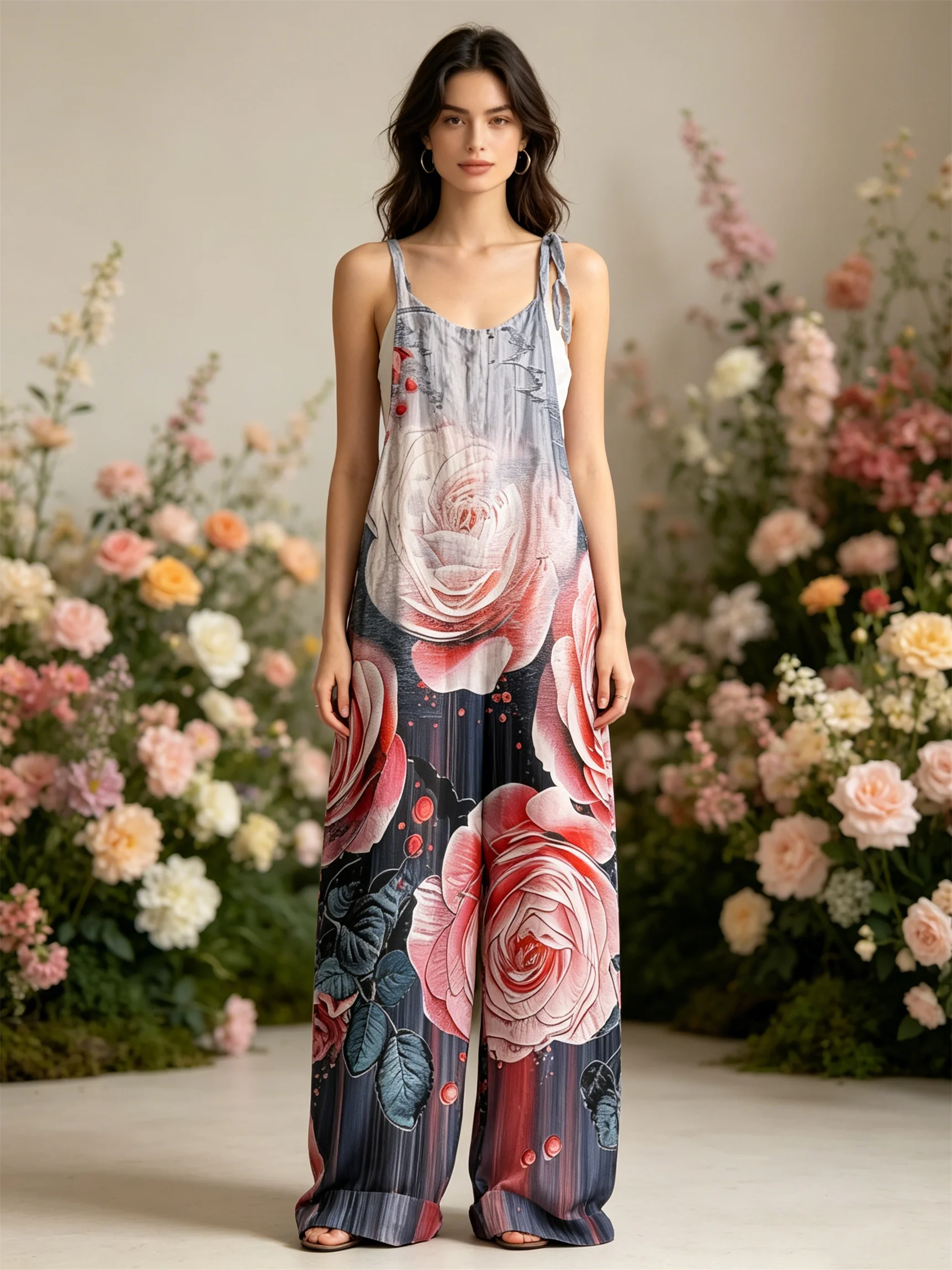 2026 women's cross dyed rose print work pants jumpsuit, off shoulder sleeveless loose lantern pants, casual wear