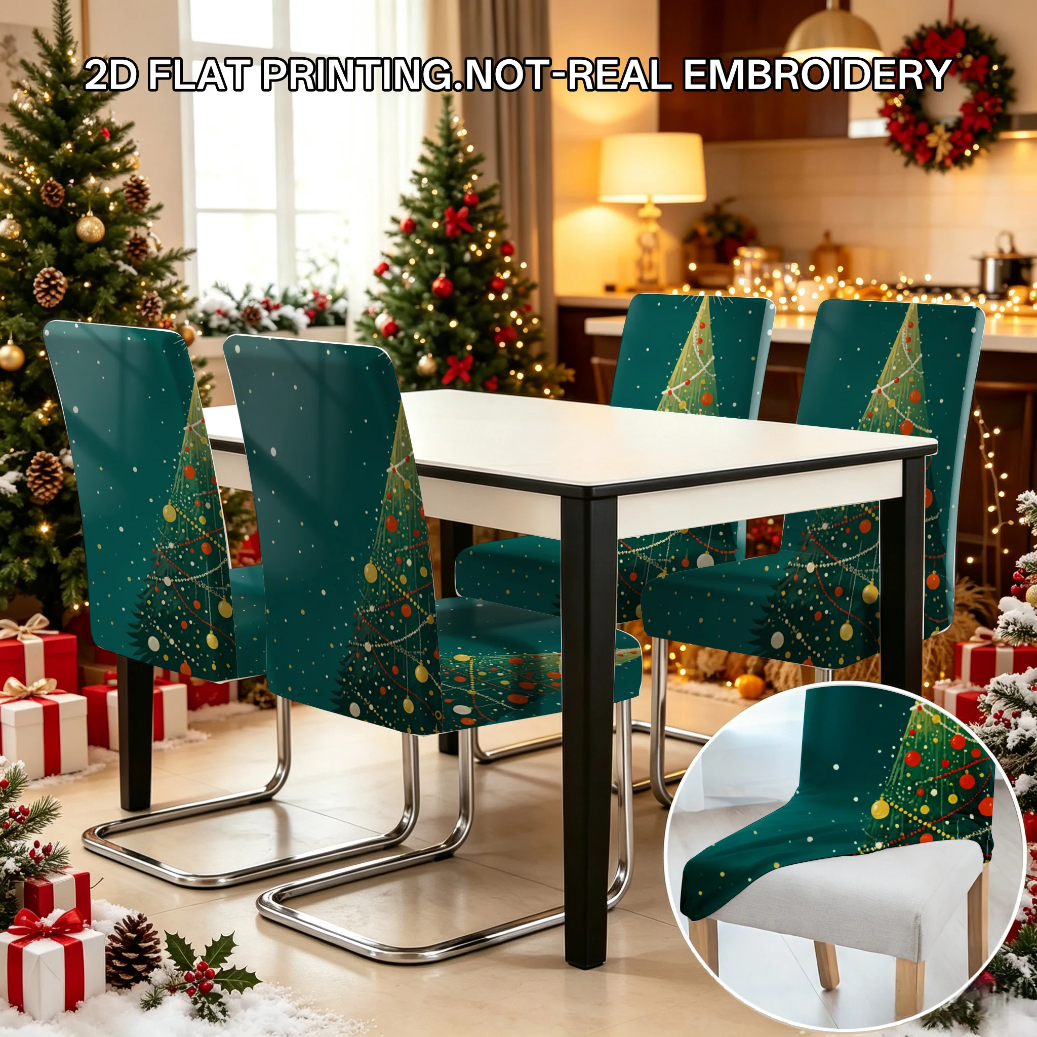 2/4/6 PCS shiny Christmas tree lights dining chair cover, 2D flat design washable Christmas restaurant home holiday decoration