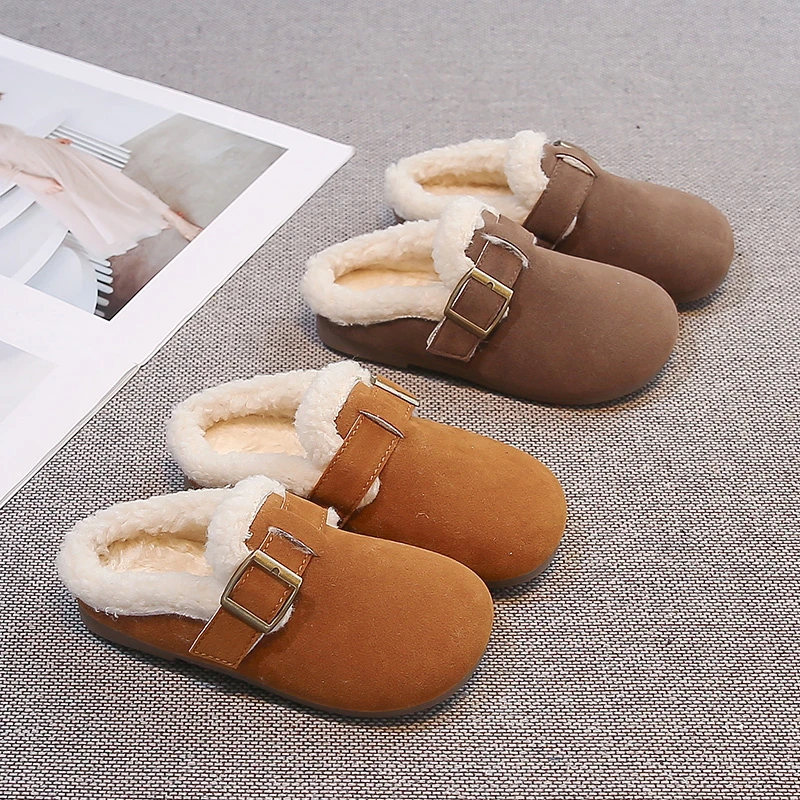 Toddler Kids Winter Mule Slippers, Fleece Lined Warm Slip On Shoes, Metal Buckle Strap, Non Slip Sole for Daily Outdoor Wear