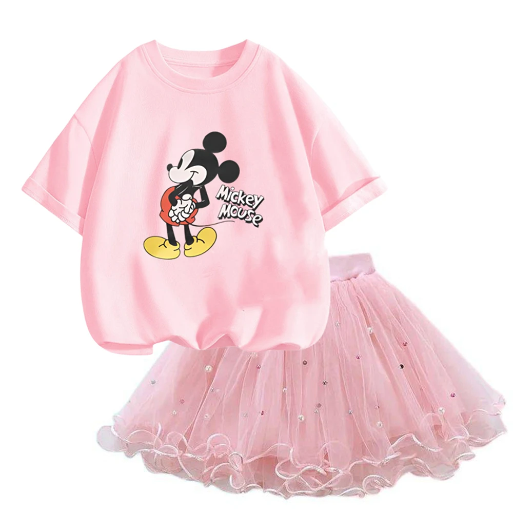 

Fashion Summer 3-14 Year Children Party Clothing Mickey Girls Clothes Pretty T Shirt&mesh Tutu Skirt Two Piece Outfits Set