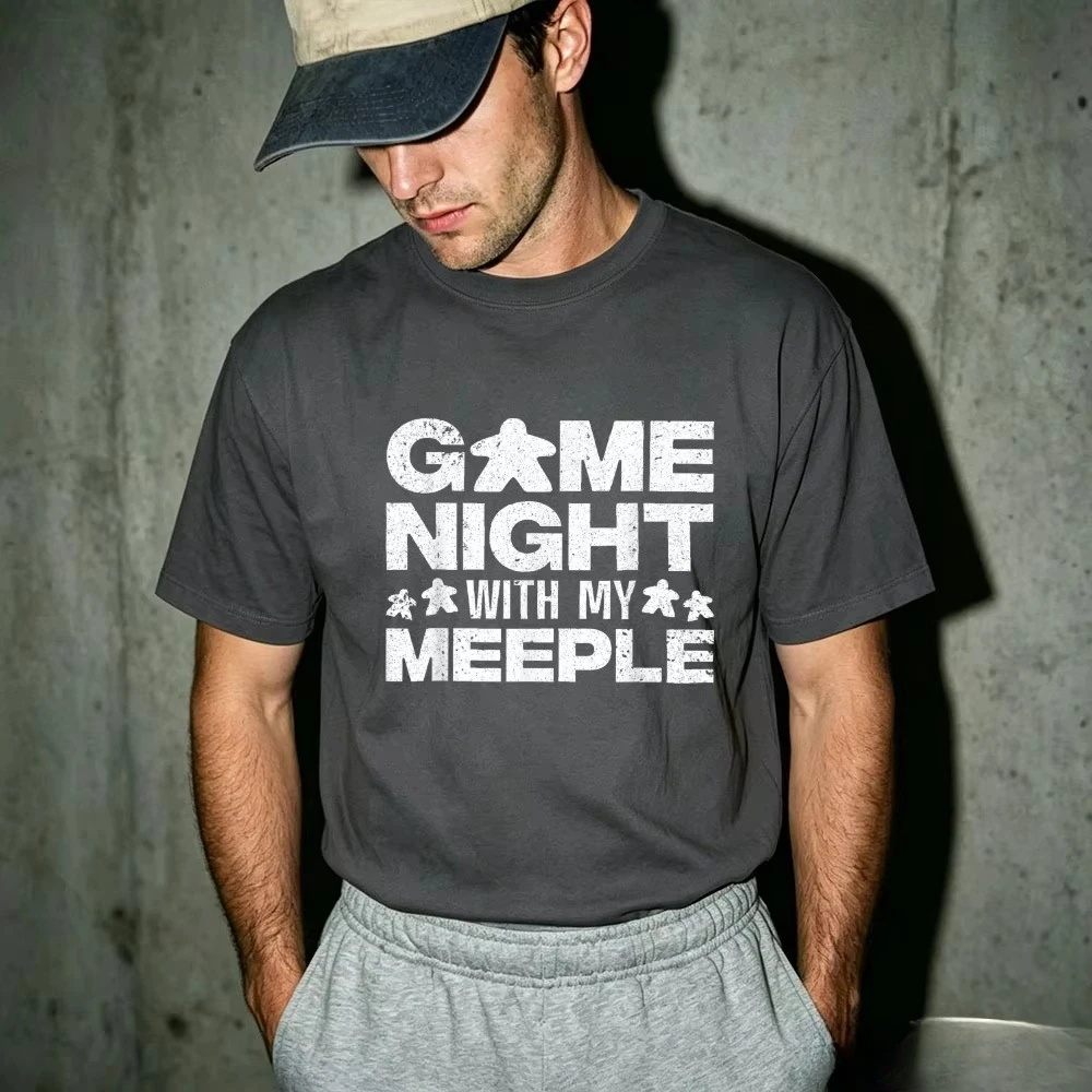 Game Night With My Meeple Graphic T Shirt Men Vintage Distressed Board Game Tee Family Game Night Party Outfit