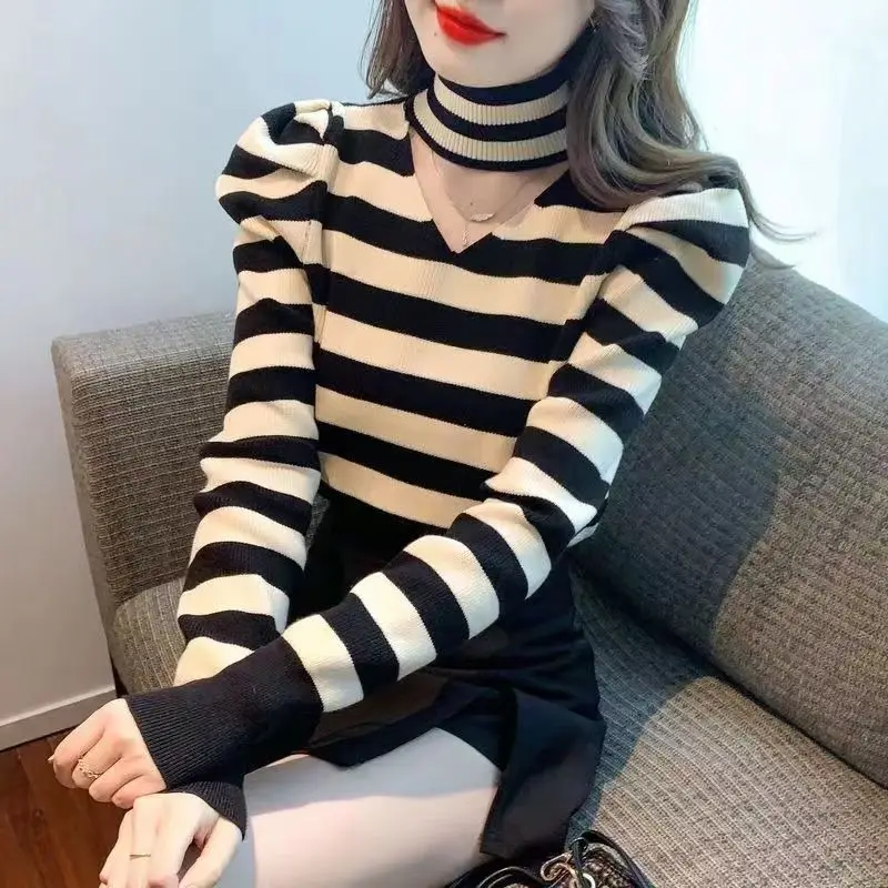 Korean Autumn/Winter Sweaters Women\'s Mock Neck Striped Contrast Color Temperament Fashion Puff Sleeve Pullovers Knitted Tops