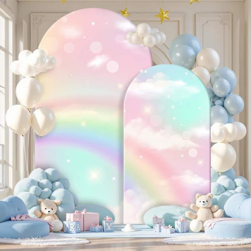 Rainbow Cloud Pink Theme Arch Backdrop Covers Customizable Design Arch Background Cloth For Children Birthday Party Events