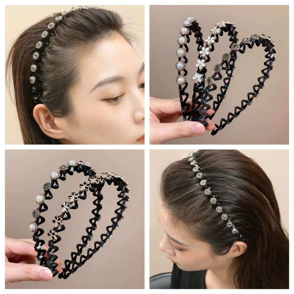 Flower Rhinestone Pearl Non-Slip Hairbands Lazy Men Hair Braider  Fashion Wave Hairbands Women Girls Hair Hoop Boutique Hair Acc