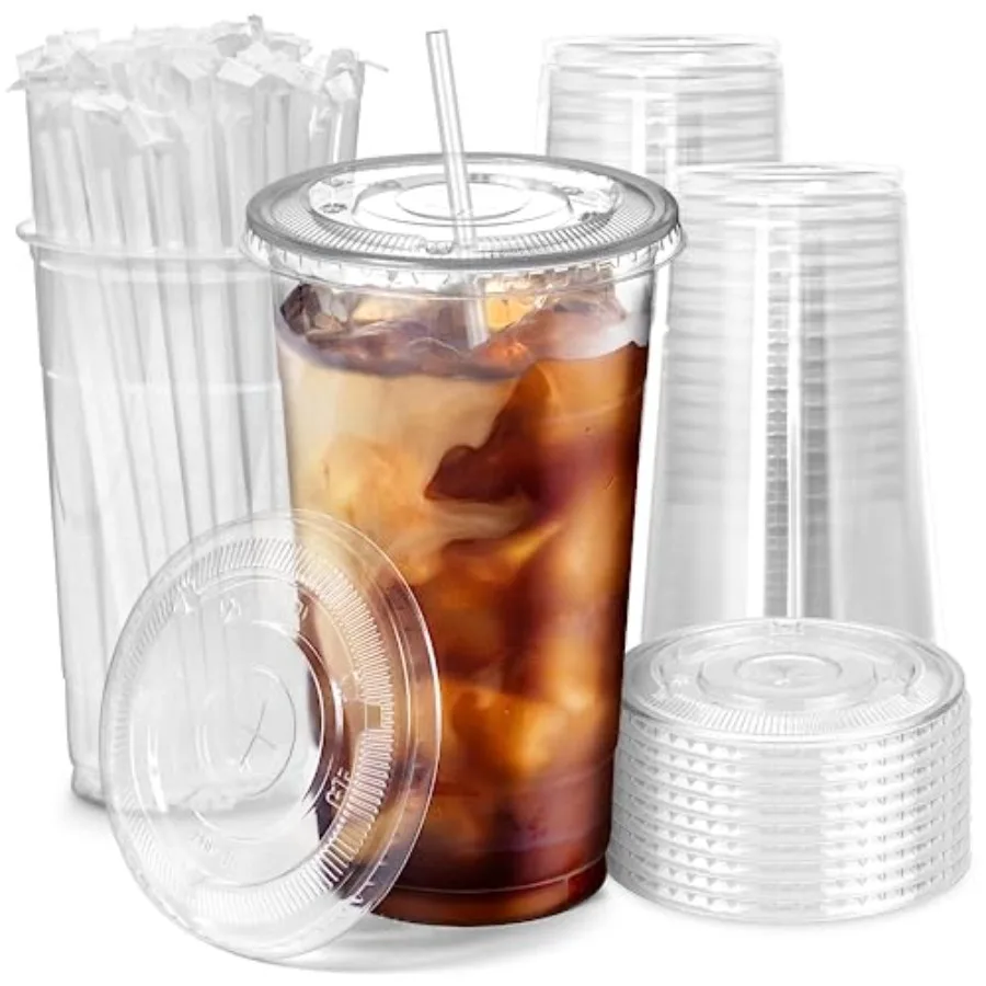 

100 Pack Plastic Iced Coffee Cups with Flat Lids and Clear Straws Disposable Clear Cup BPA Free Cup for Party Smoothie Cold Dri