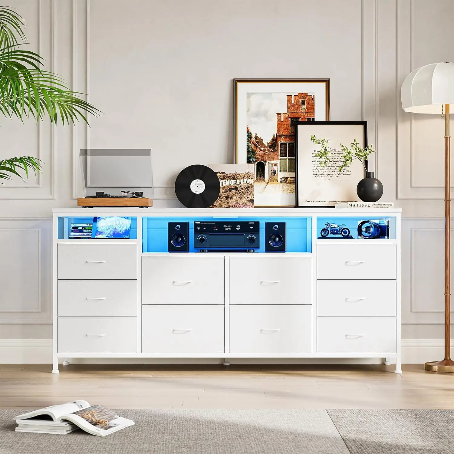 

63" Dresser with 10 Fabric Drawers, Wide Dresser TV Stand with Built-in USB Ports & LED Lighting, Multi-Functional Storage