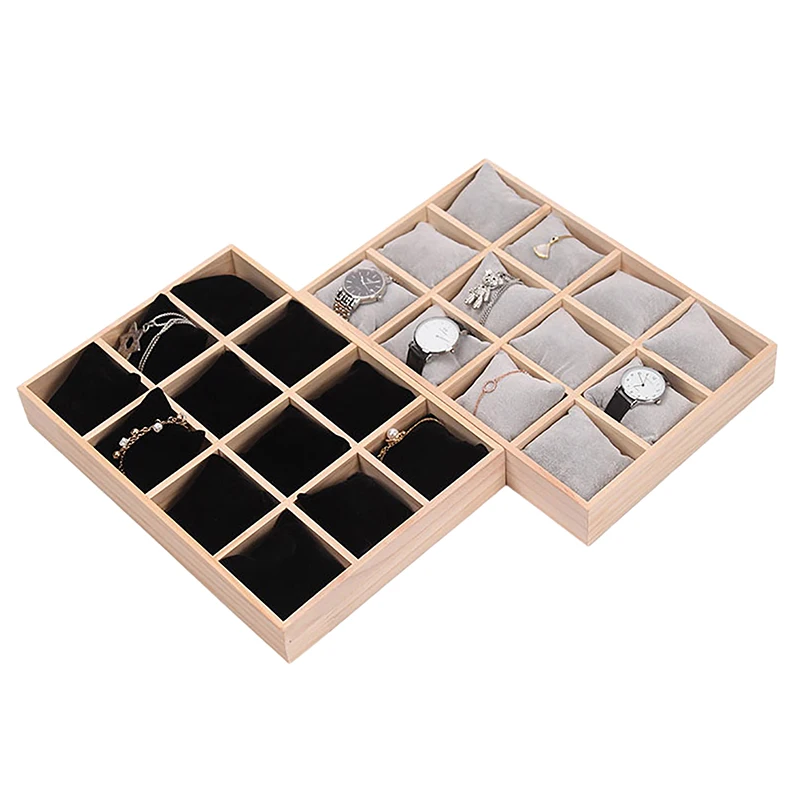 [yu]無垢材12桁枕型プレートウォッチジュエリーブレスレット収納ディスプレイケースオーガナイザー、取り外し可能なフランネル枕付き