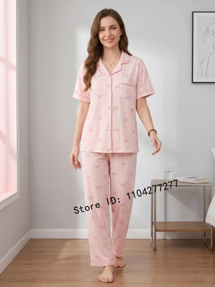 3Pcs Women's Bow Striped Pajama Set, Spring Summer Short Sleeve Homewear, Casual Loungewear for Girls Students