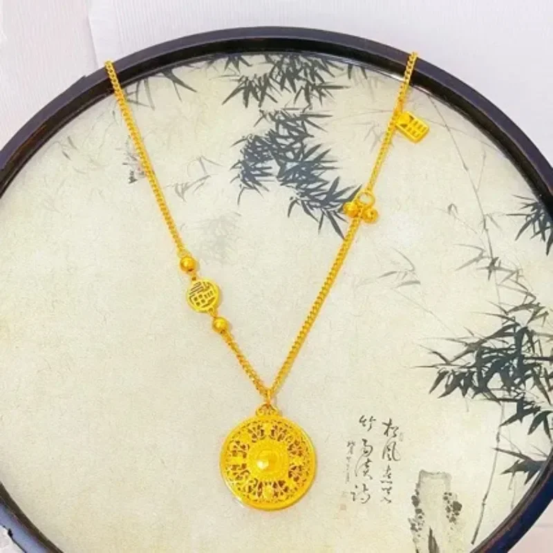 VivoGoldNew Style Ancient 9999 24K Real Gold Fu Character Hollow Eight Treasure Compass Filigree Round Plate Hanging for Girlfri