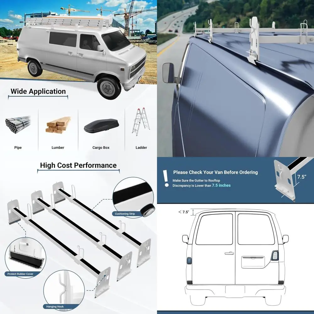 

Регулируемый багажник на крышу фургона с 3 барами, 41,5–70, подходит для Chevy Express, Ford E-Series, фургонов GMC Savana