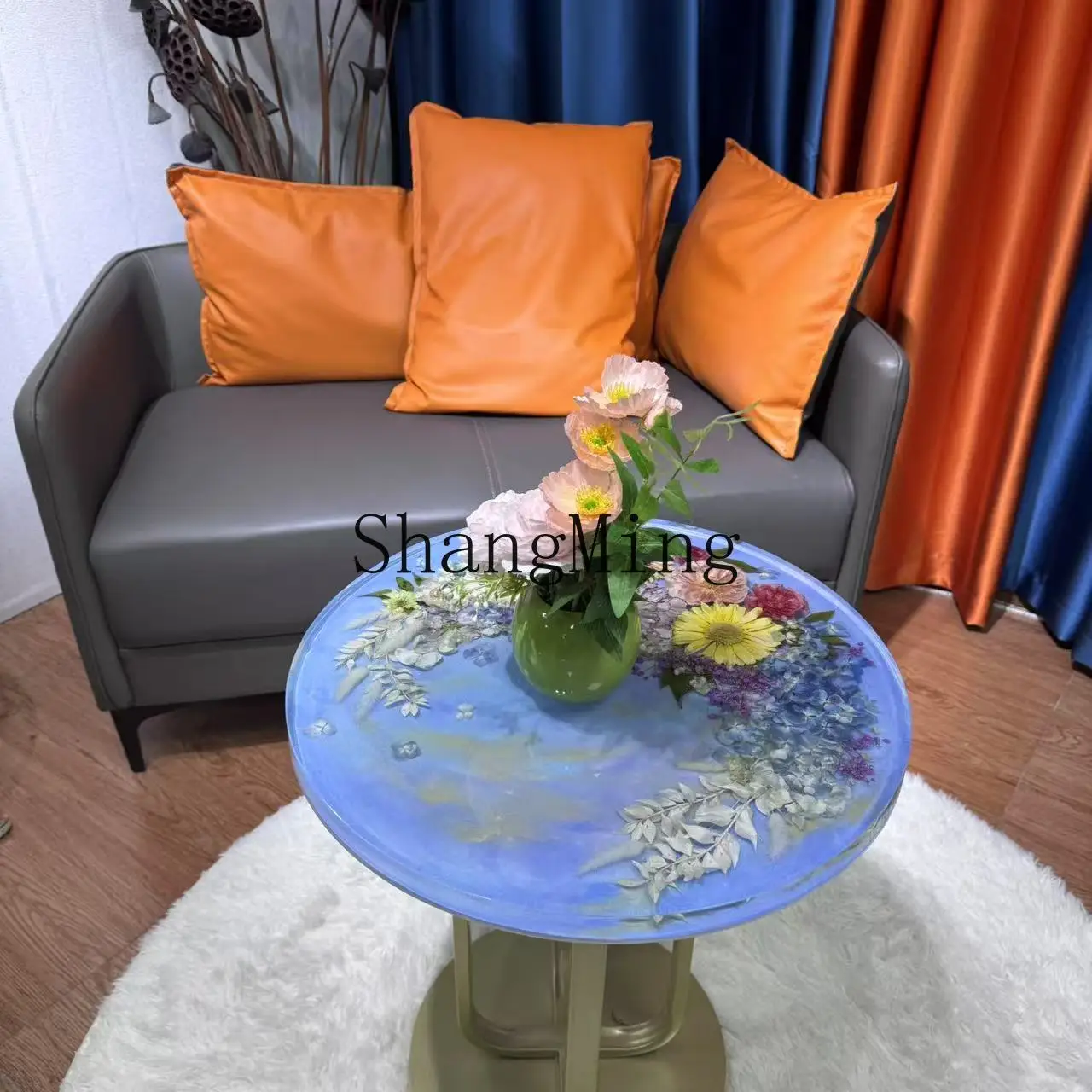

CL Handmade Dried Flower Resin Elegant High-end Villa Small Coffee Bedside Table Small Round Sofa Balcony Small