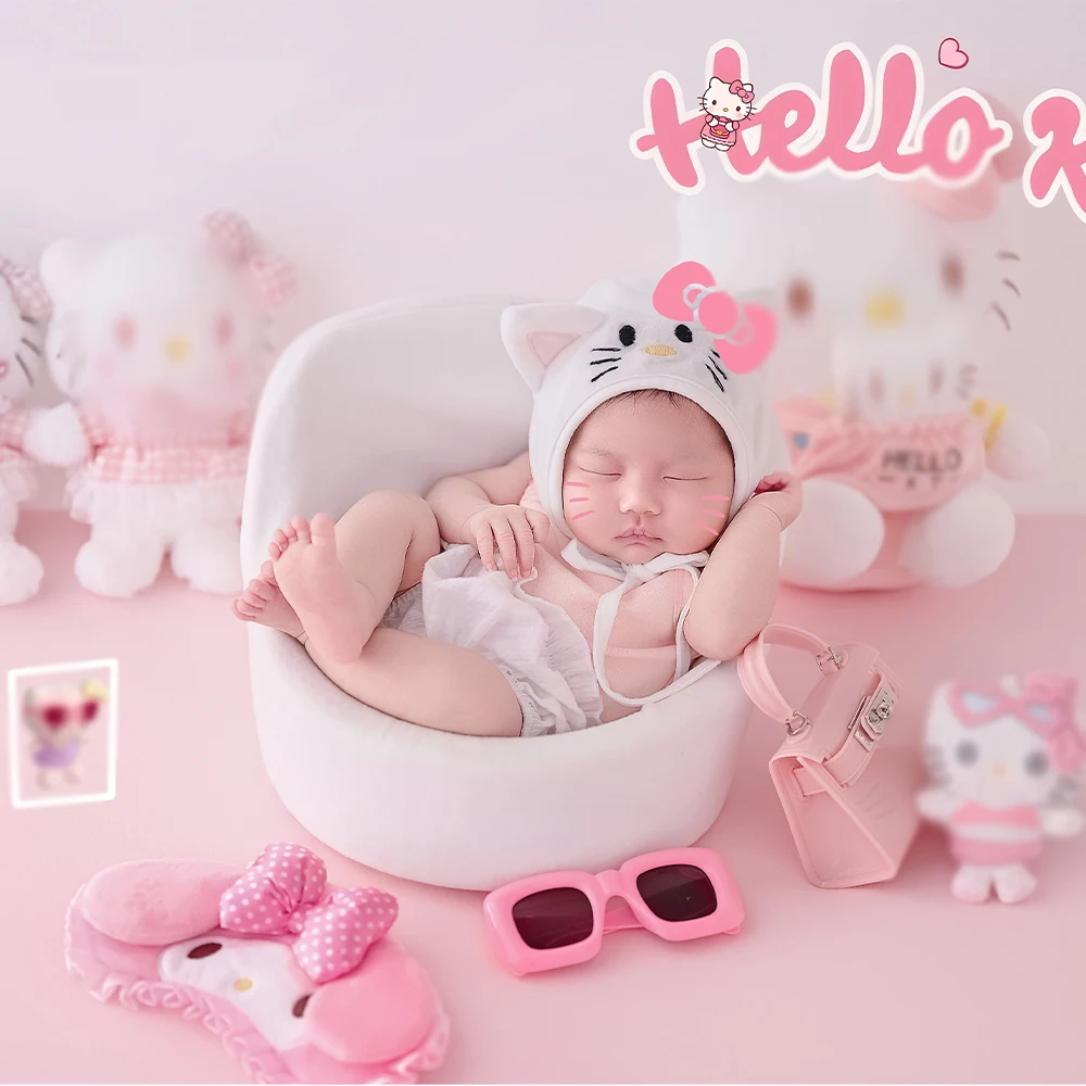 Cute Pink Cartoon Cat Theme Newborn Photography Props Kit Baby Costume+Lace Hat Cat Dolls Photo Studio Baby Girl Shoot Accessory