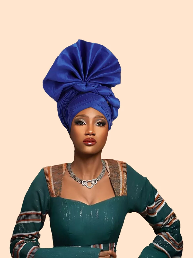 Hot African Female Turban Cap Women\'s Autogele Headtie Nigeria Raw Silk Fan Gele Wedding Party Head Wraps Headwear Turbante