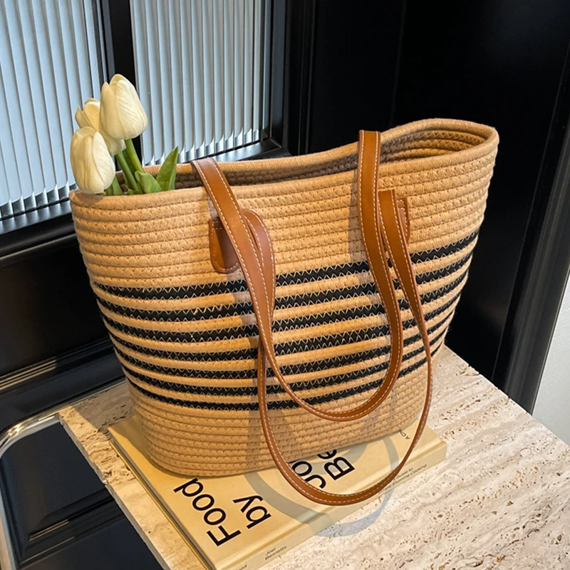 Striped Design Straw Tote Bag Large Capacity Beach Boho Style Handbag Fulfilment Shopping Bag