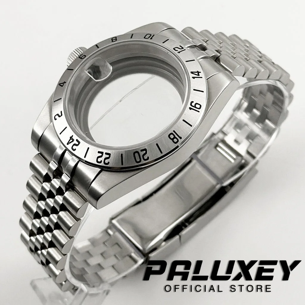 New 39mm EXP NH34 NH35 NH36 NH38 NH70 Sapphire Glass Watch Case 24 Hours GMT Fixed Bezel Solid Glide Lock Clasp ETA2824 Case