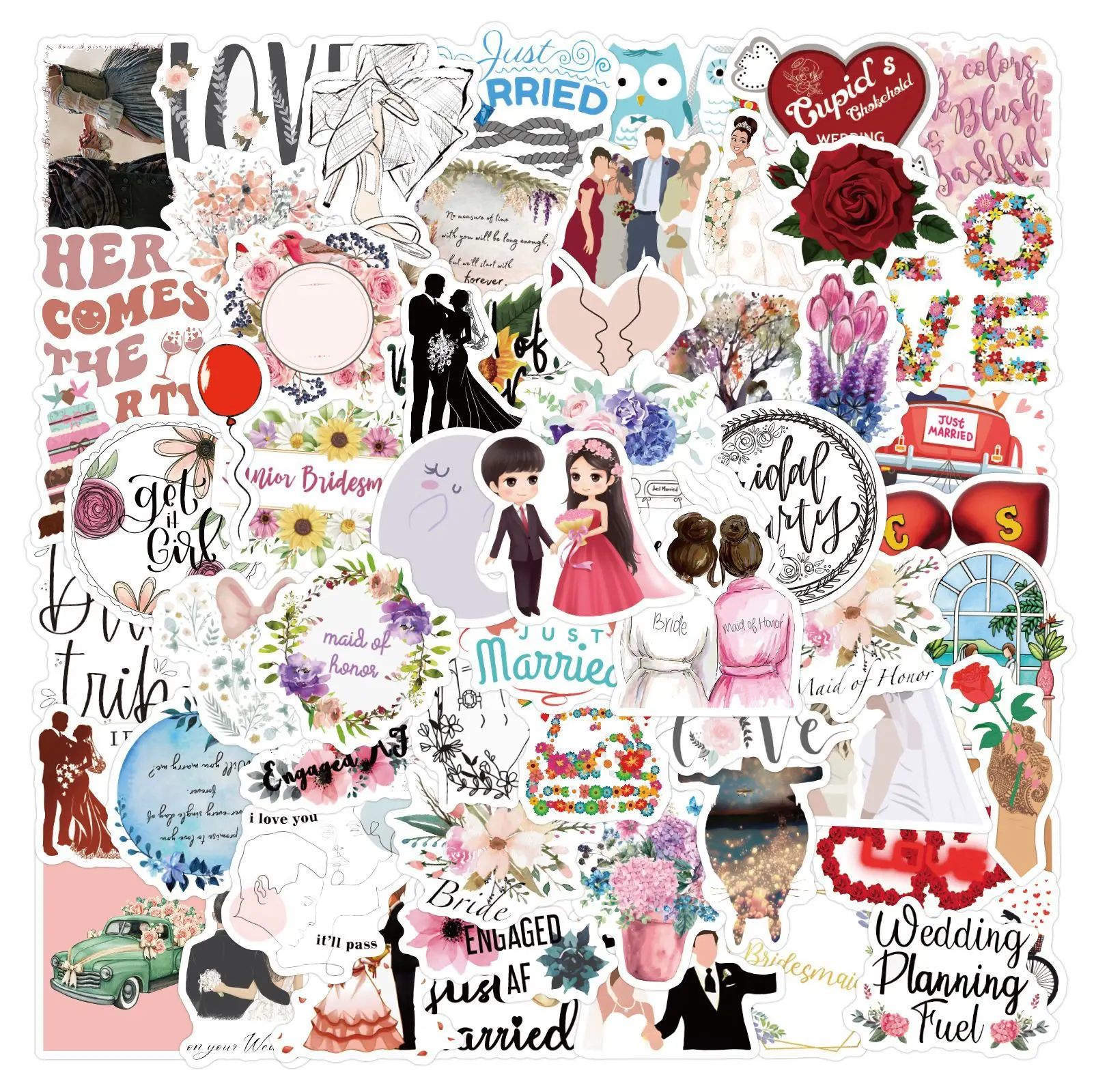 

10/30/60Pcs Sweet Lover Romantic Wedding Ins Style Cartoon Stickers DIY Guitar Phone Laptop Suitcase Water Cup Skateboard