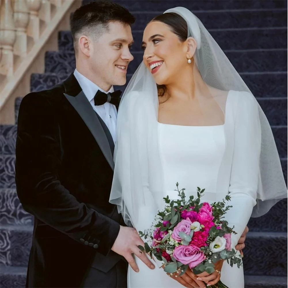 맞춤 제작된 우아한 스퀘어 칼라 웨딩드레스 클래식 긴팔 베스티도 데 노비아 심플 화이트 새틴 신부 들러리 드레스 여성용