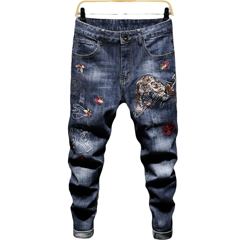 Pop Chinese Tiger Embroidery Men Designer Jeans for Men Fashion Streetwear Hip Hop Slim Comfortable Male Denim Pants Trousers