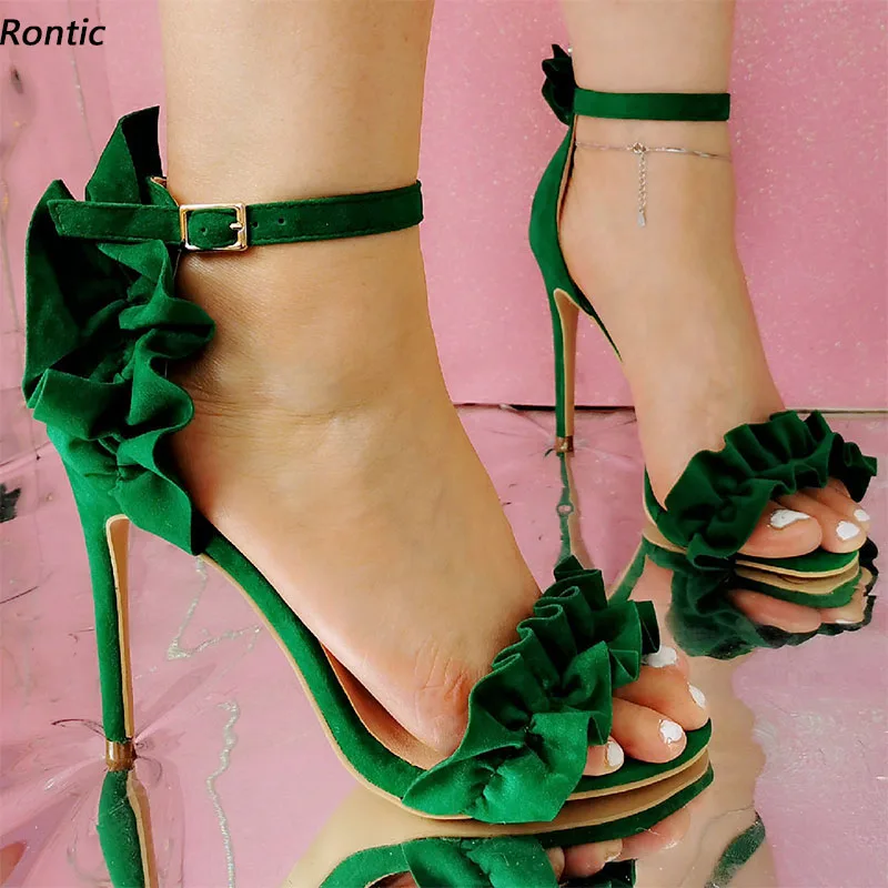 

Rontic/2022 женские сандалии ручной работы с оборками на щиколотке и пряжкой на шпильке с открытым носком, сказочные зеленые туфли для вечеринок, размер США 5-20