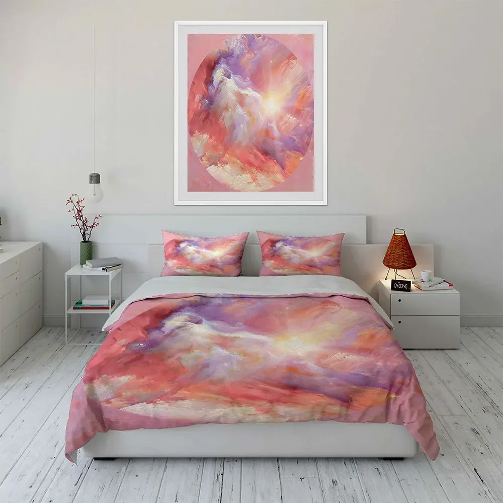 3Pcs Pastel Abstract Bedding Set, Pink and Purple Swirling Clouds Print Duvet Cover + 2 Pillowcases, Dreamy Art Decor