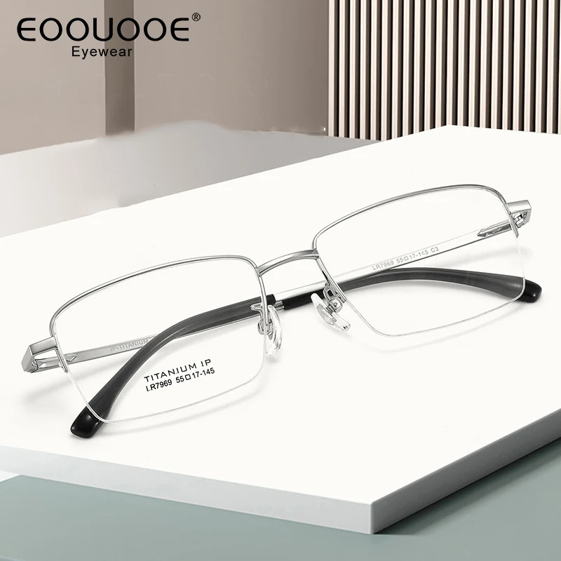 EOOUOOE New Men Pure Titanium Eyeglasses Myopia Hyperopia Eyeglasses Half Optics Prescription Lens Roman Nose Eyewear