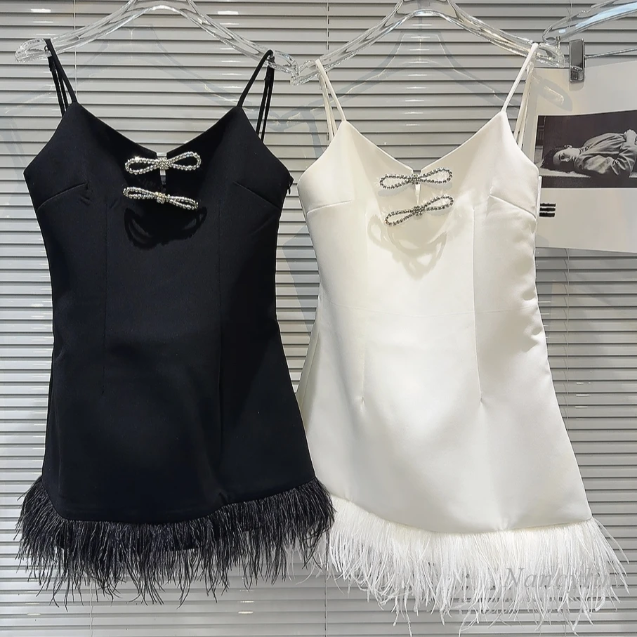 

2024 Summer New Classic Style Rhinestone Bow Pin Ostrich Feather Sling Dress for Women Elegant White Black Dress