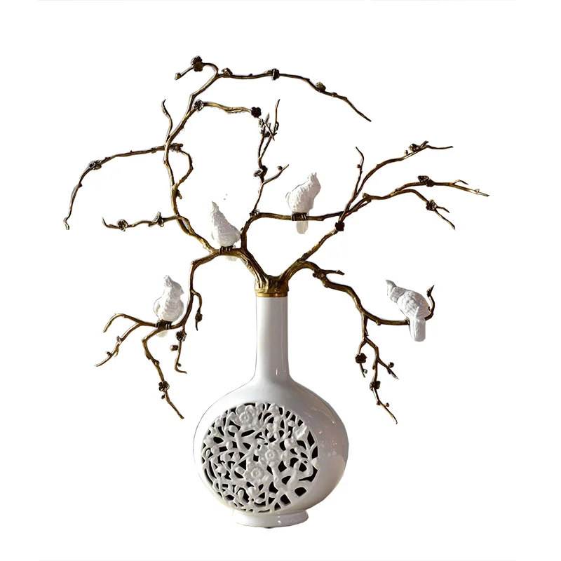 Ceramic with copper flower branches, small birds, creative ornaments, European decorations, home decorations, ornaments