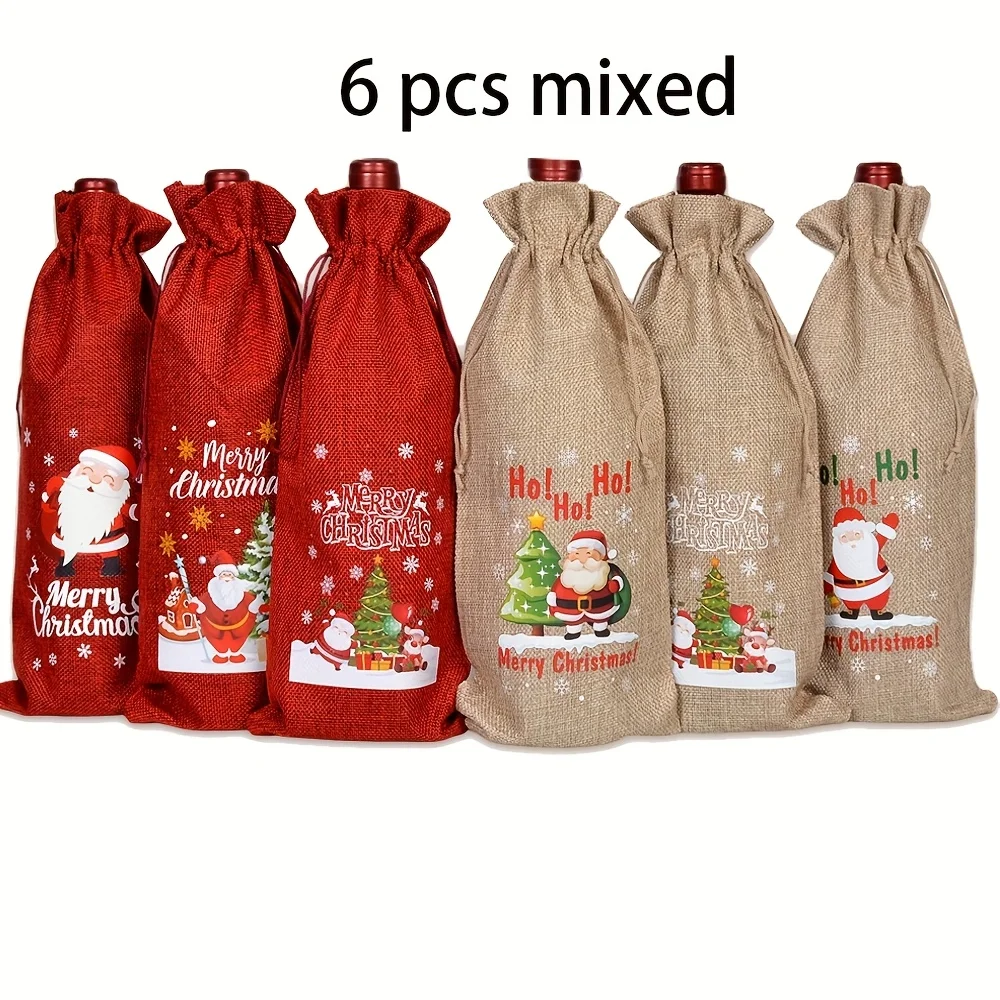Festive Christmas Wine Bottle Gift Bags - Red & Khaki Burlap Tote Bags with Santa Claus, Christmas Trees, Christmas Decorations view 6