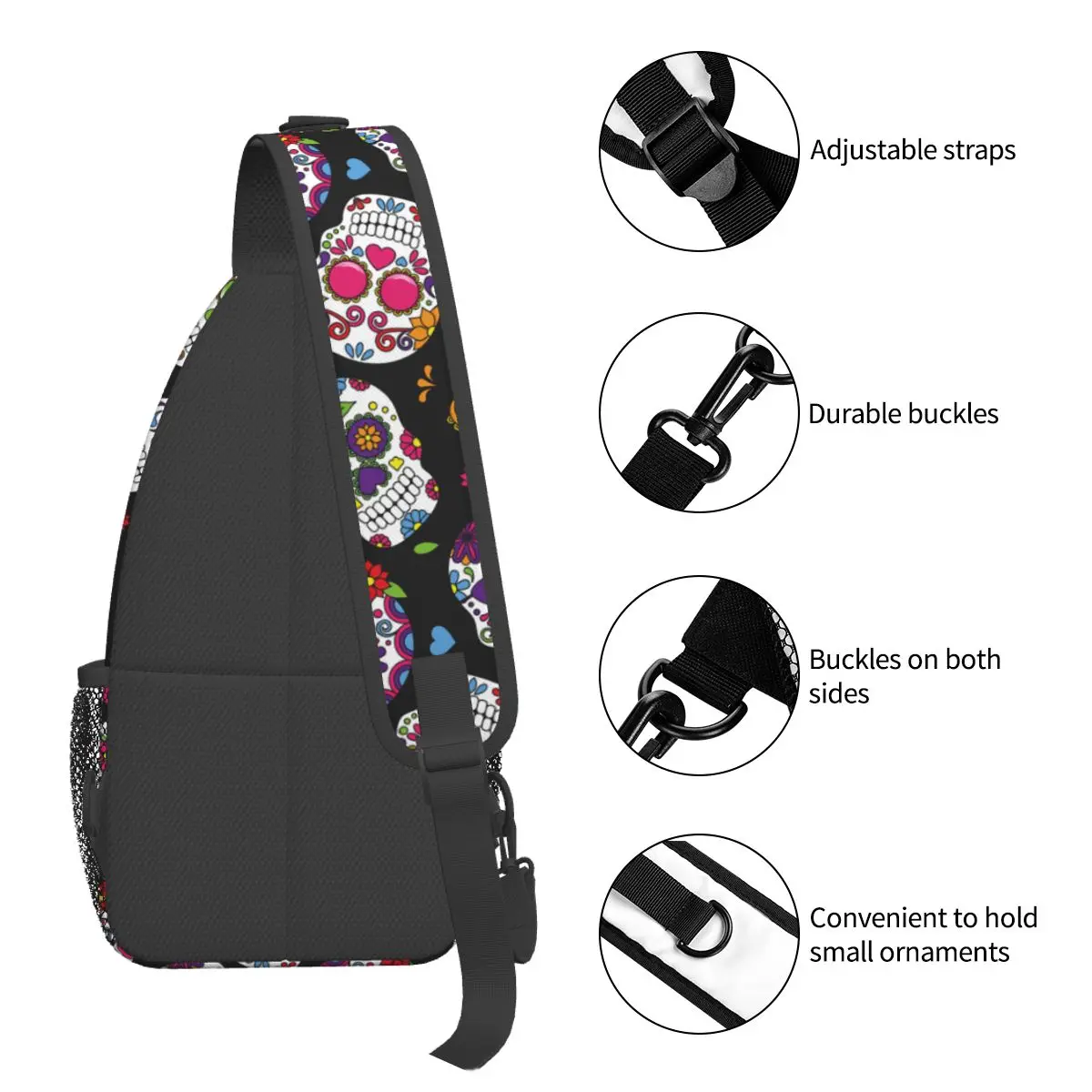 Day Of The Dead Sugar Skull Small Sling Bag Chest Crossbody Shoulder Backpack Outdoor Sports Daypacks Skeleton Printed Satchel