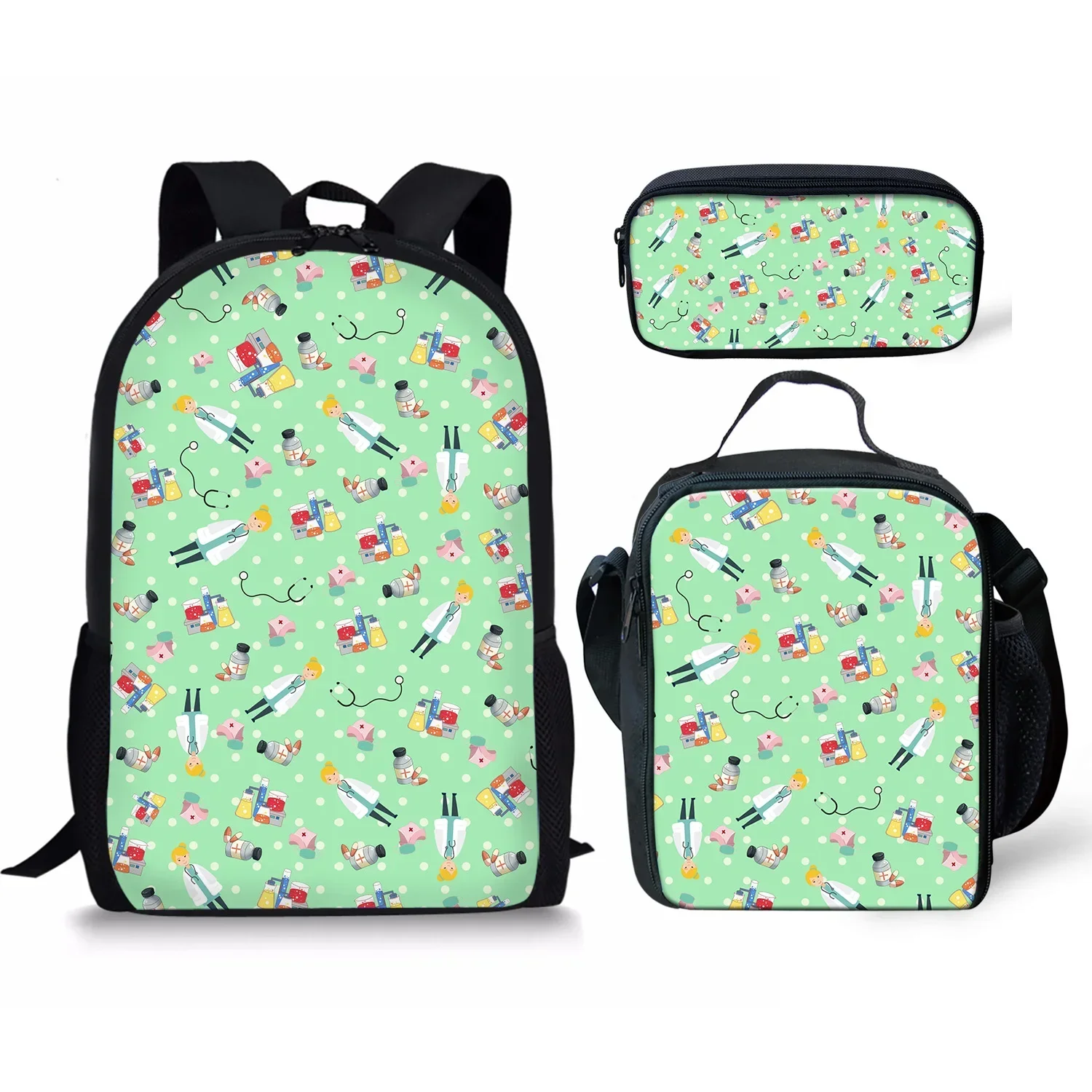 Popular moda enfermera corazón 3 unids/set mochila personalizada estudiante bolsa de gran capacidad viaje portátil mochila bolsas de almuerzo estuche para lápices