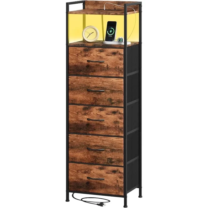 

Tall Nightstand with Charging Station and LED Light for Bedroom, 5 Drawers Dresser with Fabric Bins