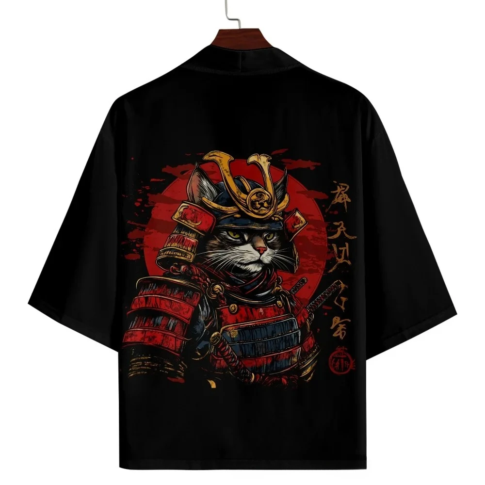 Summer Cat Samurai Print Men's Japanese Anime Haori Kimono Oversized Cardigan Robe for Cosplay Streetwear Tops