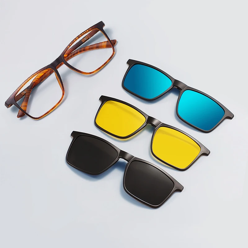 3-In-1 Men Polarized Magnetic Sunglasses Clip Women Square Full Rim Magnet Sun Glasses Night Vision Clip Flexible Frame Uv400