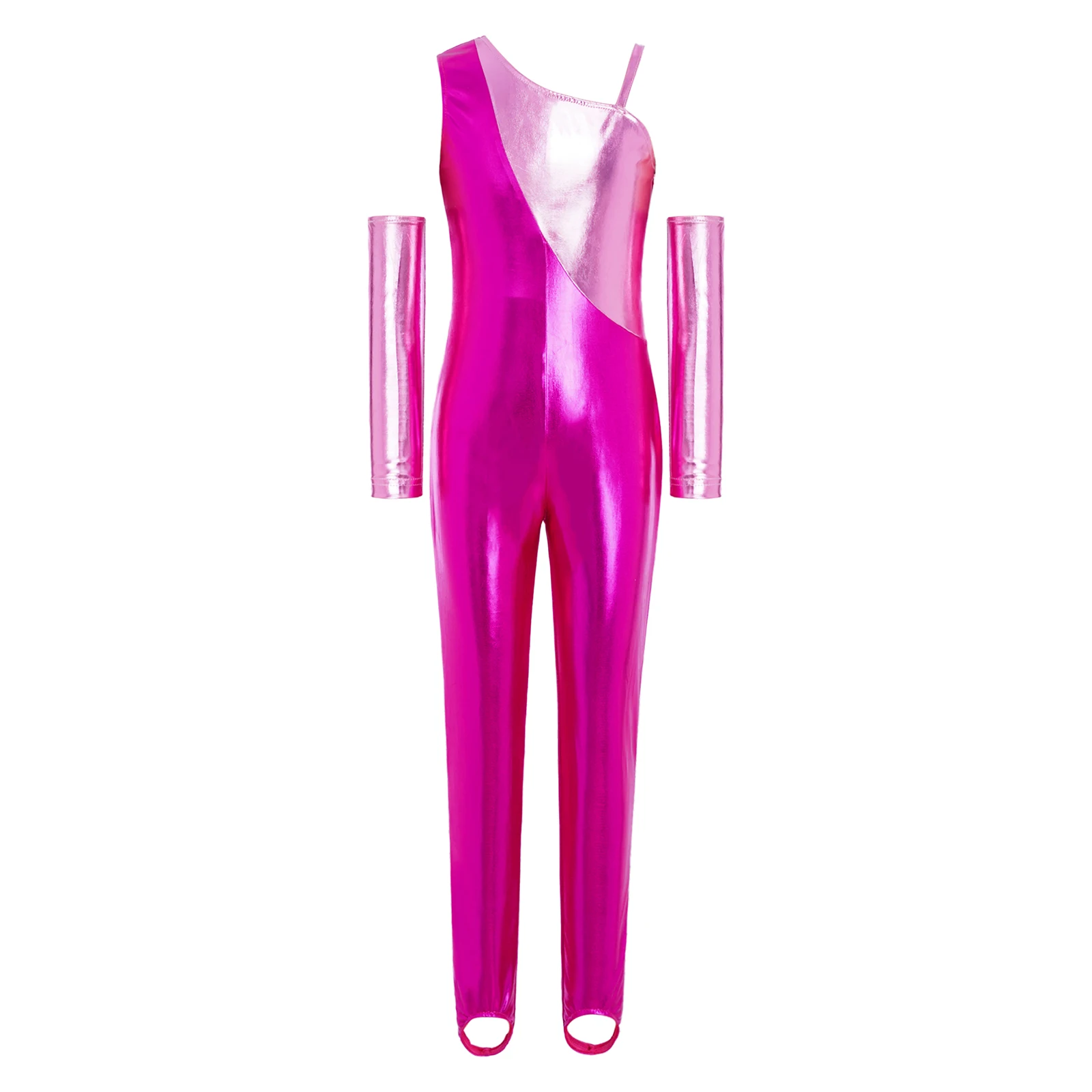 

Kids Girls Rhythmic Figure Skating Dance Gymnastics Ballet Costume Outfit Color Block Zipper Jumpsuit with Foot Straps Gloves