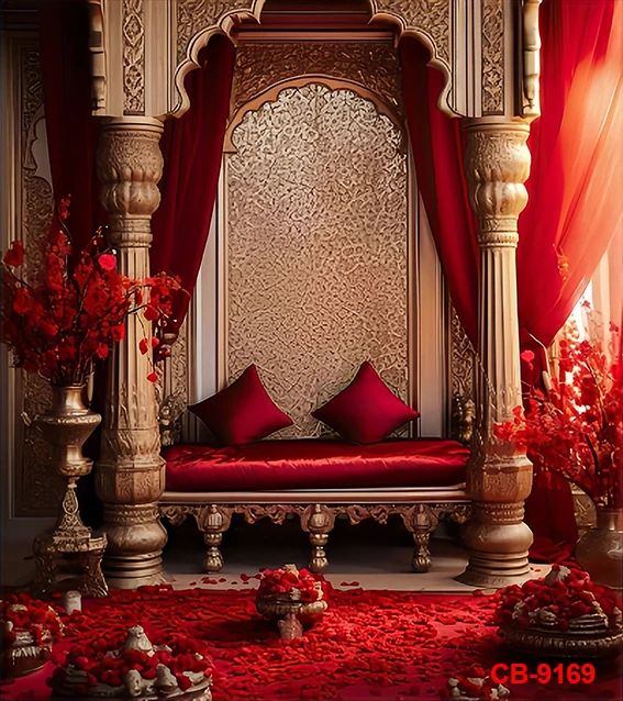 Indian Royal Palace Backdrop Interior Private Audience Hall in Anup Mahal and Maharaja Throne with Gold Carvings Backdrops