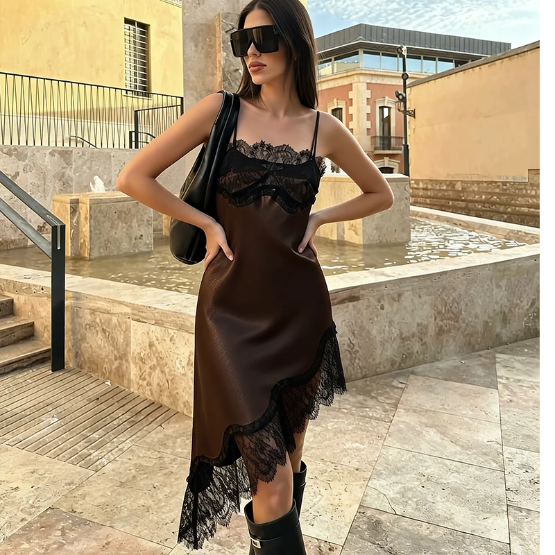 Abiti con giunture in pizzo di raso per le donne 2026 Abito longuette estivo con slip Donna Abito da sera sexy senza maniche Abiti eleganti femminili