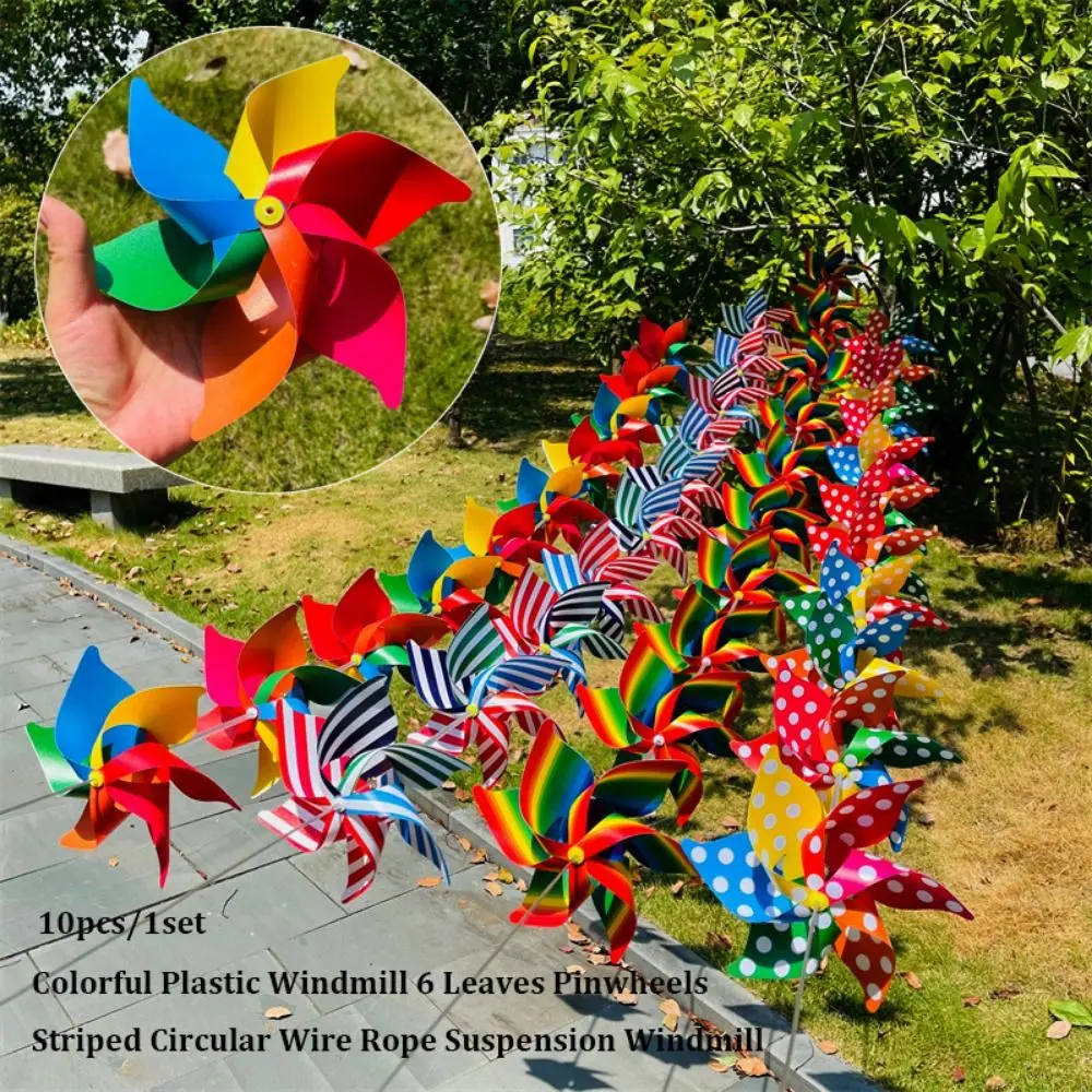 10 Stück bunte 6-Blätter-Windräder aus Kunststoff, handgefertigt, gestreift, kreisförmig, Drahtseil, Windmühle, Schnur, Windmühle, Bogenkorridor